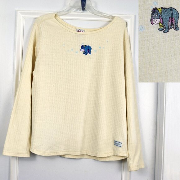 Disney Eeyore Top Women XL Waffle Knit Tee Long Sleeve Cream Embroidered Tee - Picture 1 of 12